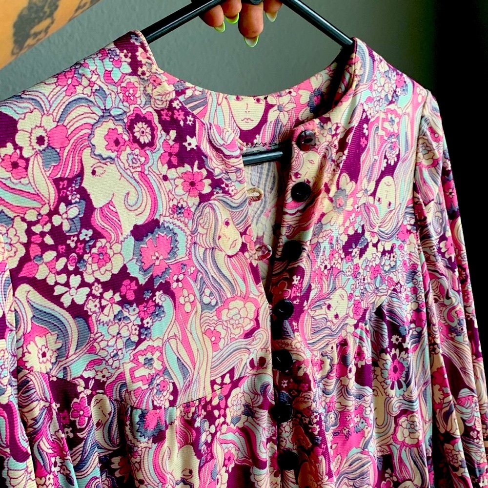 VINTAGE Disco 70s Babydoll Graphic Print Blouse Smock AMAZING!!!